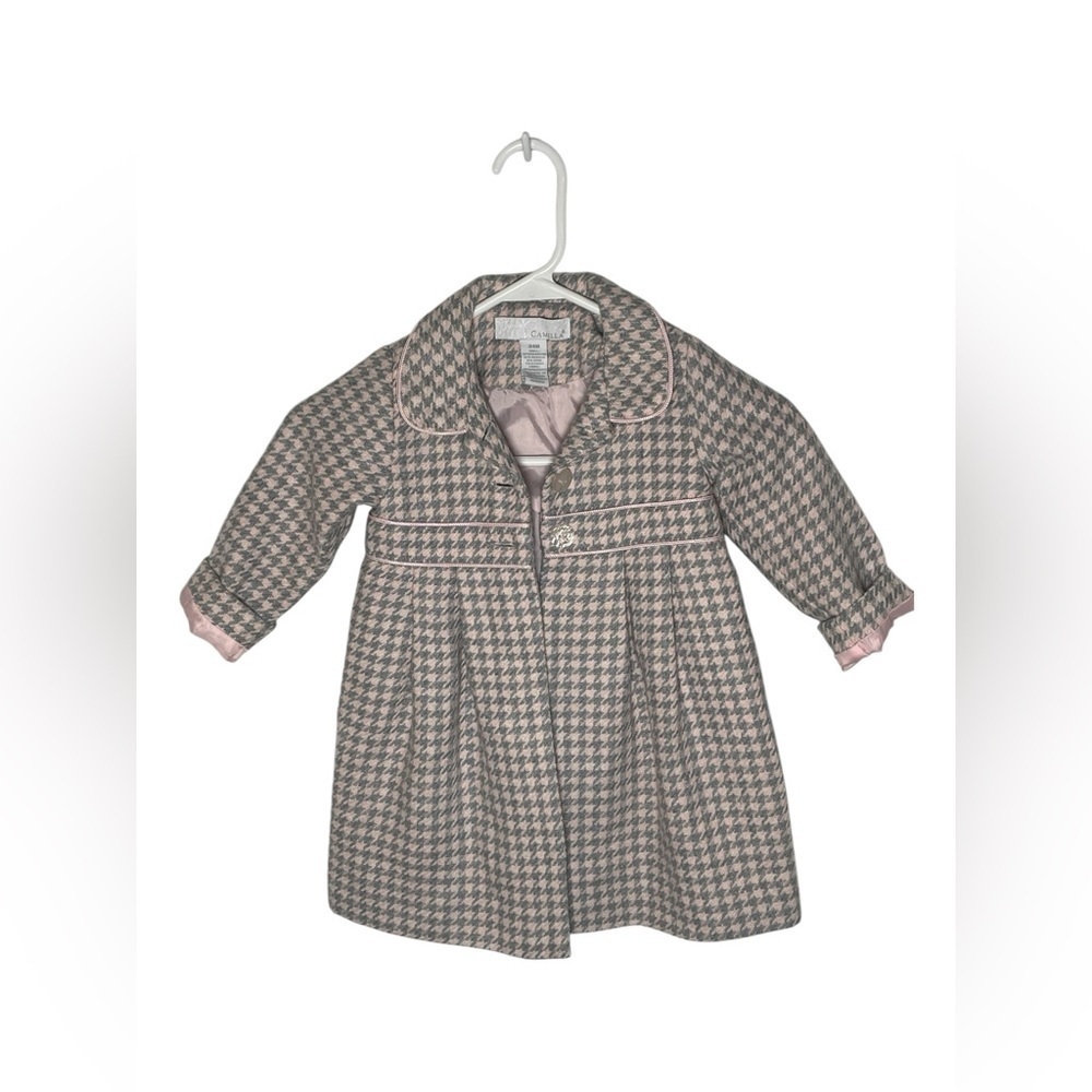CAMILLA GIRLS BABY PINK GRAY WOOL BLEND HOUNDSTOOTH JACKET SIZE 24M